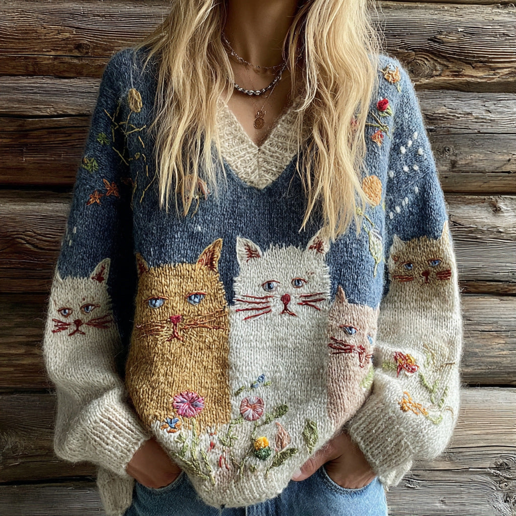 Women's cat lover crewneck pullover sweater