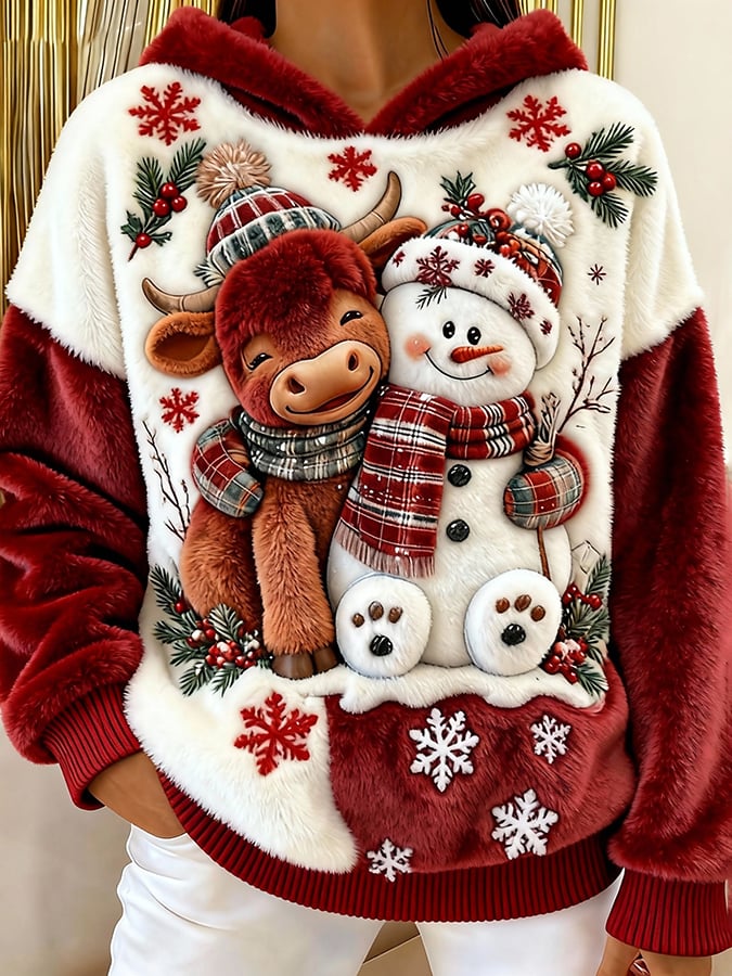 Women's Highland Cow Snowman Flannel Hooded Sweatshirt