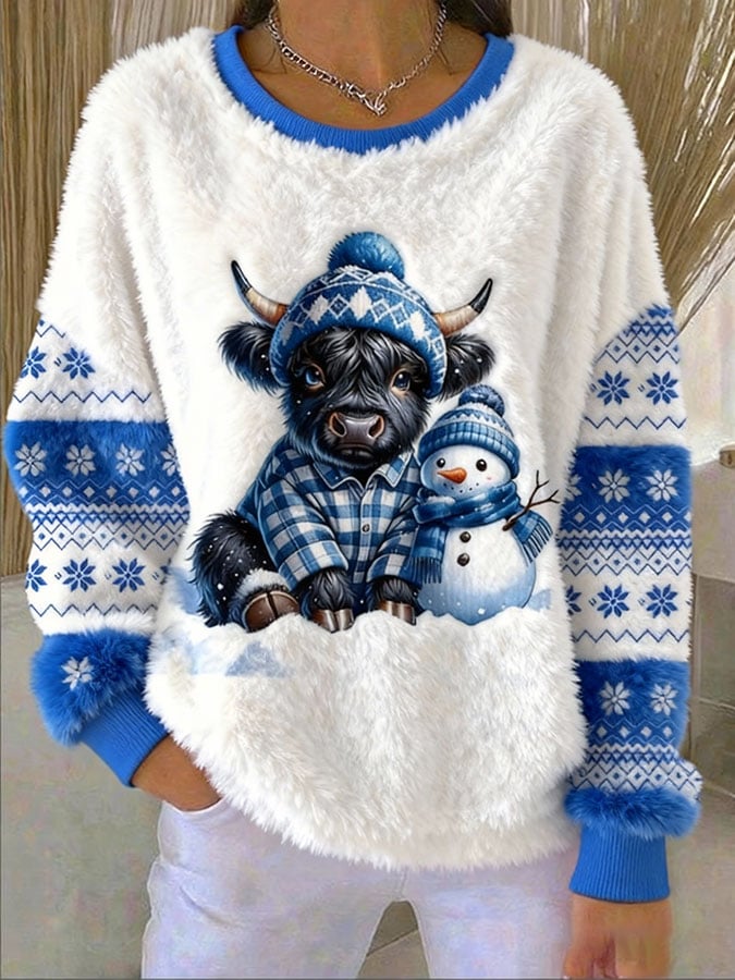 Women's Christmas Highland Cow Print Casual Flannel Top