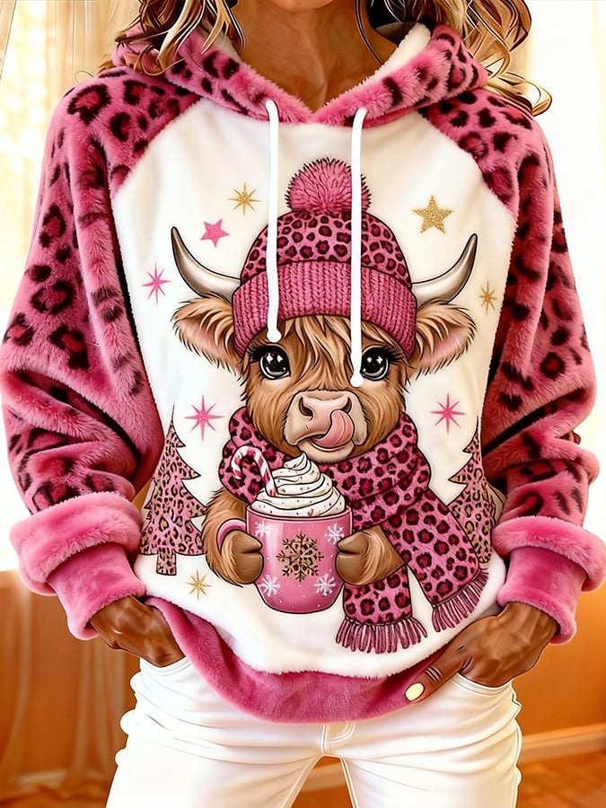 Women'S Cute Animal Highland Cow Print Flannel Raglan Sleeve Hooded Top