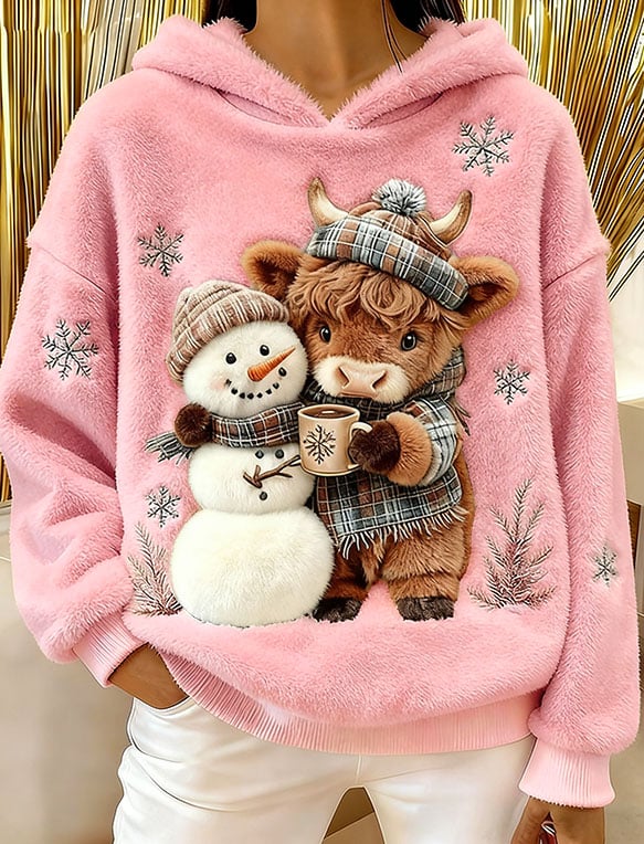 Women's Highland Cow Snowman Flannel Hooded Sweatshirt